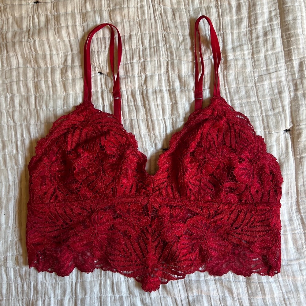 Aerie Boho Bralette Red Floral Lace Longline Adjustable Straps Womens Large